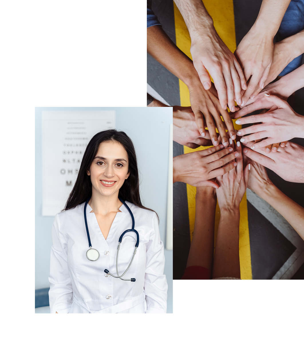 Imagine compusă din două fotografii în care una înfățișează o doamnă doctor, iar a doua fotografie prezintă mai multe mâini unite